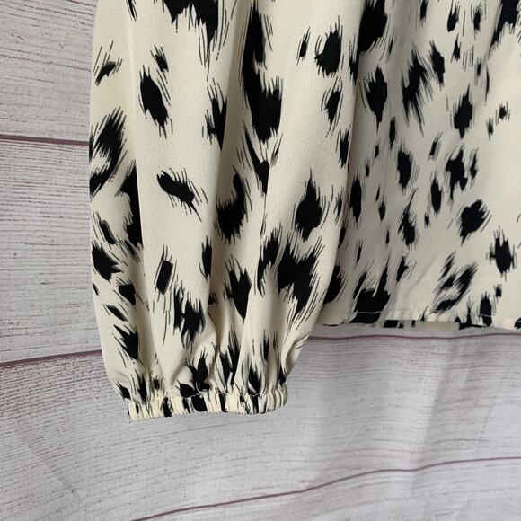 White with Black Spots Blouse Long Sleeve Round Ruffle Neck Bishop Billow Sleeve - Picture 5 of 15